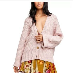 Free People Molly Cable Knit Cardigan Sweater in ‘Angel Food Cake’ Pink